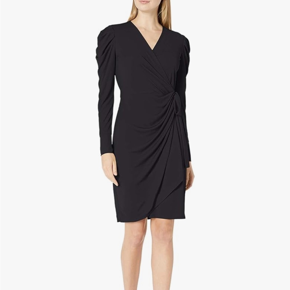 NEW Lark & Ro Women's Long Balloon Sleeve Wrap Dress in Black
